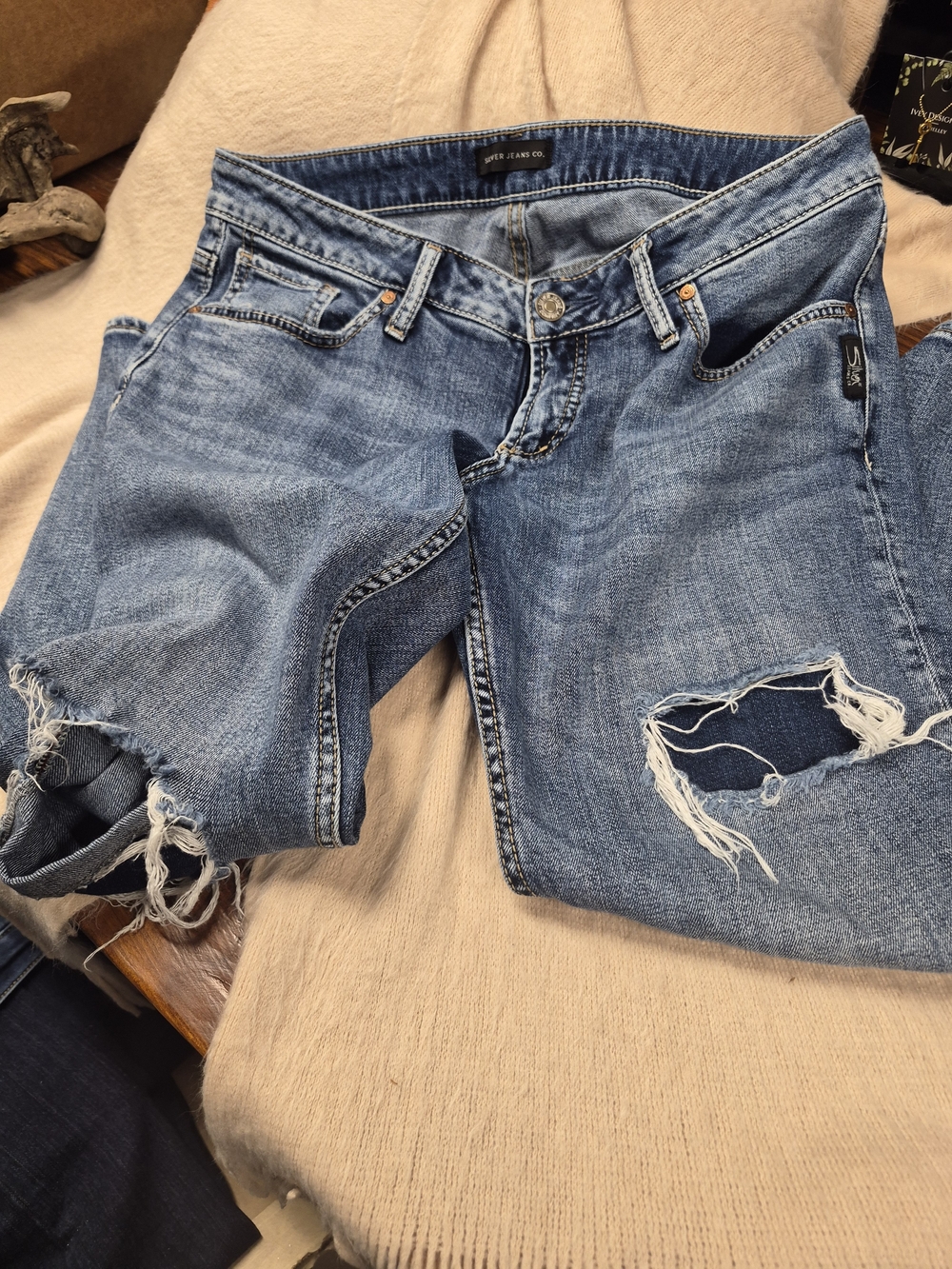 Silver Jeans Distressed Boyfriend Jeans in Light Blue